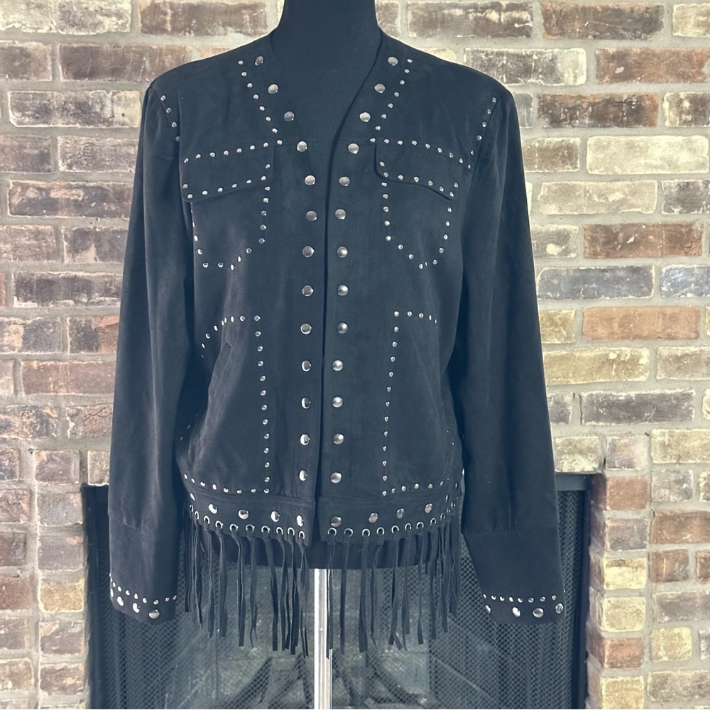 Sheryl Crow Black Faux Suede Studded Fringe Western Rocker Jacket Size L